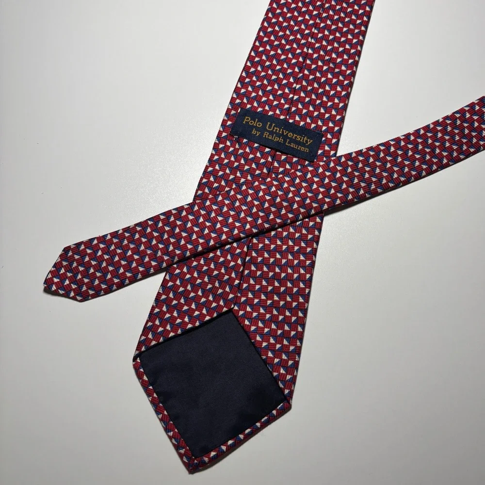 Ralph Lauren Polo University Silk Necktie Red Geometric made in USA Tie‎